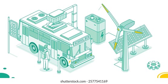 Isometric Electric School Bus on Charging Station. Solar panels with wind turbines. Vector Illustration. Ecological Public Transport. Outline Concept. Battery. Green energy.