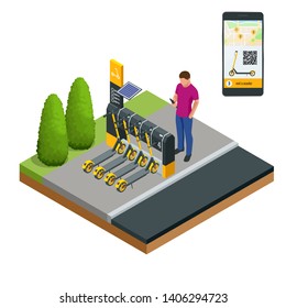 Isometric electric scooters for rent at station and cashier machine for payment. Mobile application on the phone for renting a scooter in the city. Urban transportation. Modern technologies.