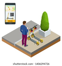 Isometrische elektrische Roller zu vermieten am Bahnhof und Kassenautomat gegen Bezahlung. Mobile App auf dem Telefon für die Vermietung eines Rollers in der Stadt. Stadtverkehr. Moderne Technologien.