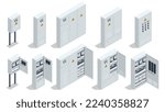 Isometric Electric switchboard. Transformer. Distribution board. Electrical power switch panel. Electricity equipment. Electric Breaker Switchbox Electricity and Energy Equipment Red Buttons, Contact