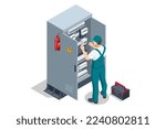 Isometric Electric switchboard. Transformer. Distribution board. Electrical technician doing electric work checking or repairing transformer substation. Electric Breaker Switchbox Electricity.