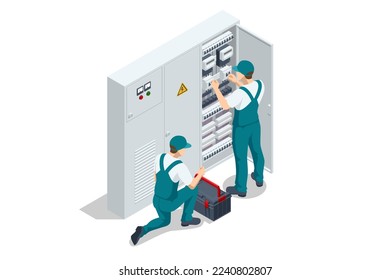 Isometric Electric switchboard. Transformer. Distribution board. Electrical technician doing electric work checking or repairing transformer substation. Electric Breaker Switchbox Electricity.