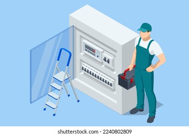 Isometrische Schalttafel. Transformator. Verteilerkarte. Elektrotechniker, der Transformatorstation für Elektroarbeiten überprüft oder repariert. Elektrischer Breaker-Schaltkasten-Strom.