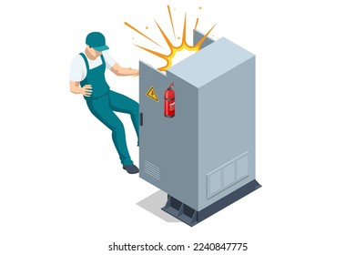 Isometric Electric switchboard. Transformer. Distribution board. Electrical power switch panel. Transformer damaged and short circuit with fire spark