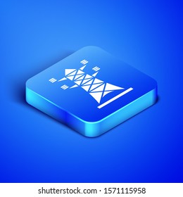 Isometric Electric tower used to support an overhead power line icon isolated on blue background. High voltage power pole line. Blue square button. Vector Illustration