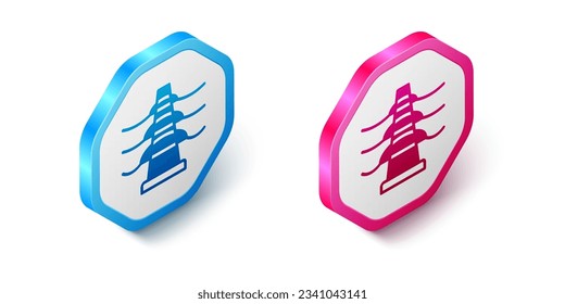 Isometric Electric tower used to support an overhead power line icon isolated on white background. High voltage power pole line. Hexagon button. Vector