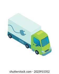 Isometric electric transport ecology friendly vehicle composition with isolated image of electrical truck vector illustration