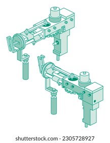 Isometric Electric Tufting Gun. Vector Illustration. Tool for Create Cut Pile Carpet. Outline Object.