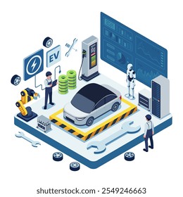 Mantenimiento isométrico de vehículos eléctricos con IA y robótica. Concepto de mantenimiento de vehículos eléctricos