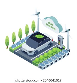 Vehículo eléctrico isométrico que promueve cero emisiones con el símbolo de la hoja verde. Vehículo de cero emisiones y concepto de coche eléctrico