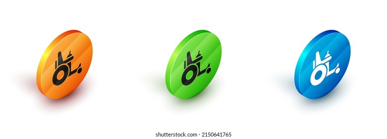 Isometric Electric wheelchair for disabled people icon isolated on white background. Mobility scooter icon. Circle button. Vector