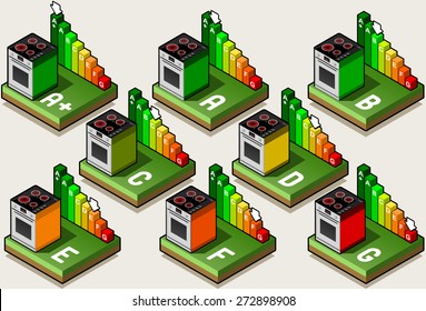 Isometric Electrical Appliance EU Energy Tiles Label - Oven Energy Classes from A plus to G. Icon. JPG. JPEG. Object. Picture. Image. Graphic. Art. Illustration. Vector. EPS 10. AI. Drawing - stock