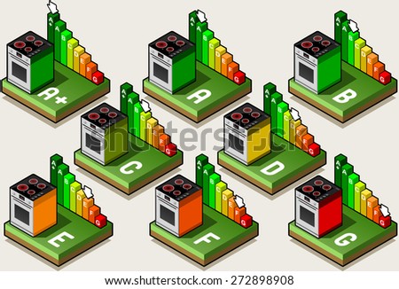 Isometric Electrical Appliance EU Energy Tiles Label - Oven Energy Classes from A plus to G. Icon. JPG. JPEG. Object. Picture. Image. Graphic. Art. Illustration. Vector. EPS 10. AI. Drawing - stock