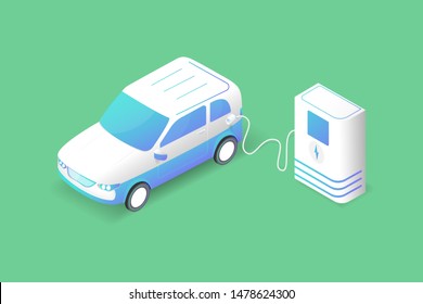 Isometric electrical car or EV modern smart vehicle. Save the energy in the world and innovation high technology concept. Vector illustration in 3D style.