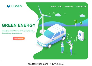 Isometric electrical car or EV modern smart vehicle. Save the world and green energy innovation high technology concept. Vector illustration landing page and website template in 3D style.