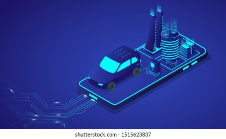 Isometric electrical car or EV modern vehicle with city on smartphone. Future energy and innovation transportation concept. Vector illustration design.