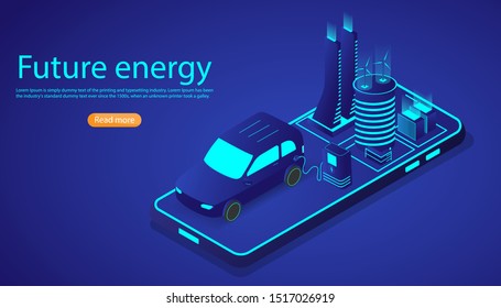 Isometric electrical car or EV modern vehicle with city on smartphone. Future energy and innovation transportation concept. Vector illustration website template and landing page design.