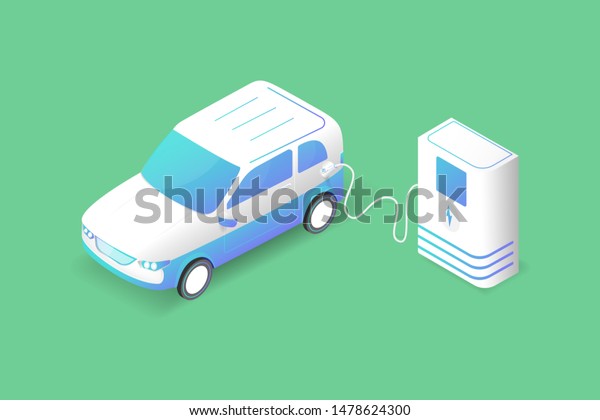 Isometric electrical car or EV modern smart\
vehicle. Save the energy in the world and innovation high\
technology concept. Vector illustration in 3D\
style.