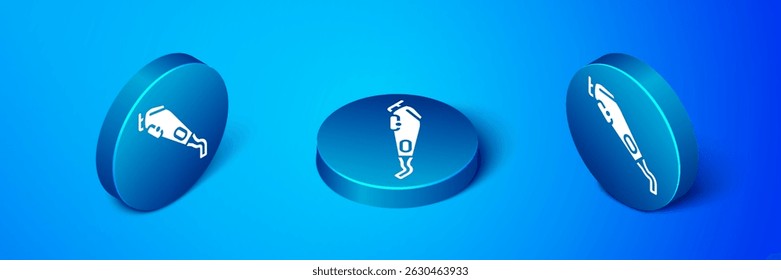 Isometric Electrical hair clipper or shaver icon isolated on blue background. Barbershop symbol. Blue circle button. Vector