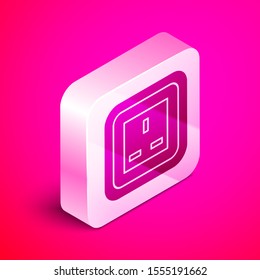 Isometric Electrical outlet icon isolated on pink background. Power socket. Rosette symbol. Silver square button. Vector Illustration