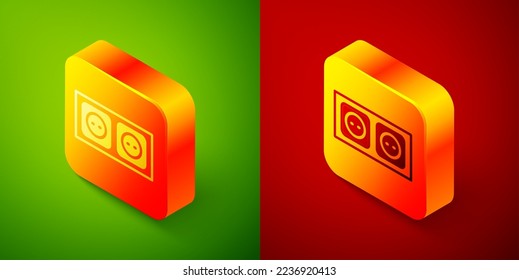 Isometric Electrical outlet icon isolated on green and red background. Power socket. Rosette symbol. Square button. Vector