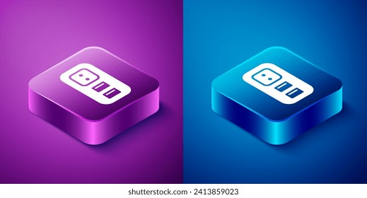 Isometric Electrical outlet icon isolated on blue and purple background. Power socket. Rosette symbol. Square button. Vector