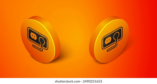 Isometric Electrical outlet icon isolated on orange background. Power socket. Rosette symbol. Orange circle button. Vector