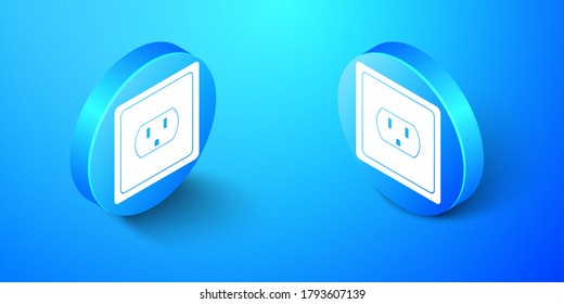 Salida eléctrica isométrica en el icono de EE.UU. aislado en fondo azul. Toma de corriente. Botón de círculo azul. Vector.