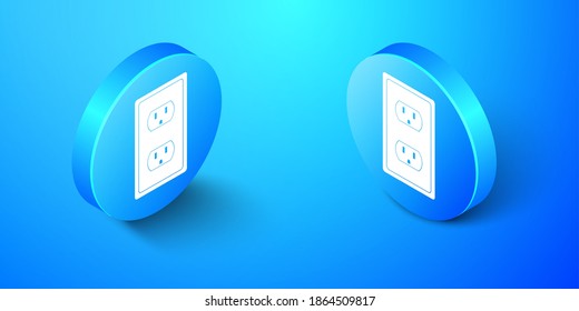 Salida eléctrica isométrica en el icono de EE.UU. aislado en fondo azul. Toma de corriente. Botón de círculo azul. Vector.
