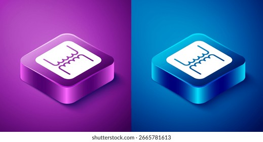 Icono de transformador eléctrico isométrico aislado sobre fondo azul y púrpura. Botón cuadrado. Vector