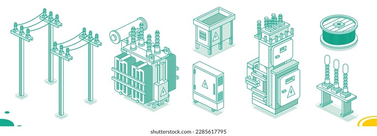 Isometric Electrical Transformer Set. Outline Energy Objects. Vector Illustration. High-Voltage Power Substation Isolated on White.