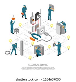 Isometric electrician composition with editable text lines icons and isolated images of linesmen doing various works vector illustration