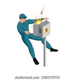 Isometric electrician getting struck by electricity vector illustration