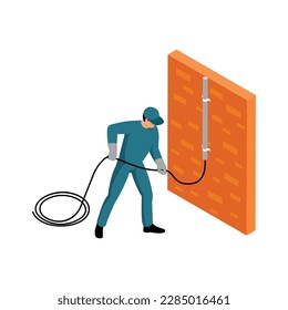 Isometric electrician laying wires vector illustration