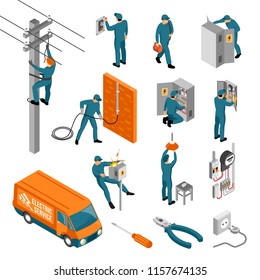 Isometric electrician profession set of isolated icons with tools electrical facilities and human characters of workers vector illustration