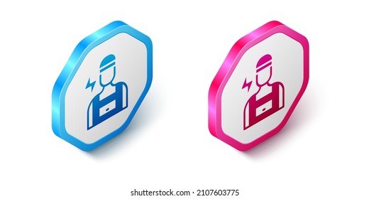 Icono de ingeniero de técnico eléctrico isométrico aislado en fondo blanco. Botón hexagonal. Vector