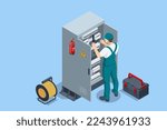 Isometric Electricity energy maintenance. Technician repair service of the powerline. Execution of electrical measuring works on the power transformer
