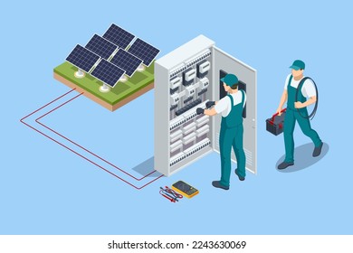 Mantenimiento de energía eléctrica isométrica. Servicio técnico de reparación de la línea de energía. Comprobación de los niveles de tensión de funcionamiento del compartimento de los interruptores del panel solar.