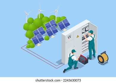 Isometric Electricity energy maintenance. Technician repair service of the powerline. Checking the operating voltage levels of the solar panel switchgear compartment.