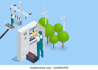 Isometric Electricity energy maintenance. Technician repair service of the powerline. Maintenance of voltage transformer, repair of power lines on crane in cradle