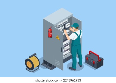 Isometric Electricity energy maintenance. Technician repair service of the powerline. Execution of electrical measuring works on the power transformer