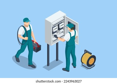 Isometric Electricity energy maintenance. Technician repair service of the powerline. Electric switchboard. Transformer. Distribution board.