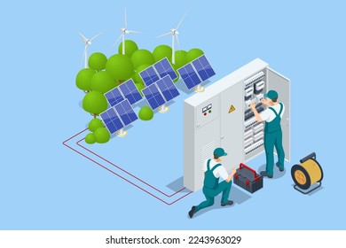 Isometric Electricity energy maintenance. Technician repair service of the powerline. Checking the operating voltage levels of the solar panel switchgear compartment.