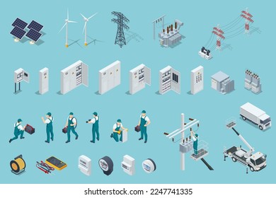 Isometric electricity icons set with solar panels, power stations, high voltage wires, electric switchboards, transformers, distribution boards, and professional workers in uniform.