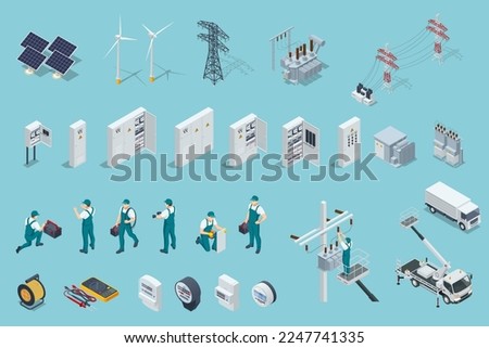 Isometric electricity icons set with solar panels, power stations, high voltage wires, electric switchboards, transformers, distribution boards, and professional workers in uniform.