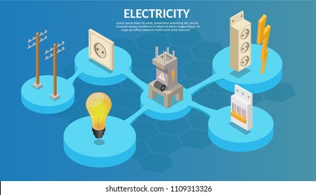 Isometric Electricity Production Elements With Transformer And Bulb, Home Electrical Infographic