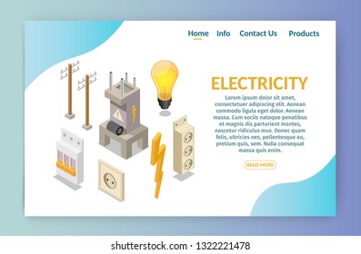 Isometric electricity production elements with transformer and bulb, home electrical infographic banner
