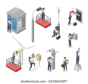 Isometric electricity workers. Male female electrical in uniform. Professionals working with rower lines, technician service flawless vector characters