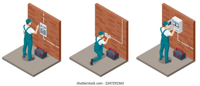 Isometric Electricity works set. Professional worker in the uniform repair electrical elements. Technician repair light and socket. Electric switchboards, transformers, distribution boards.