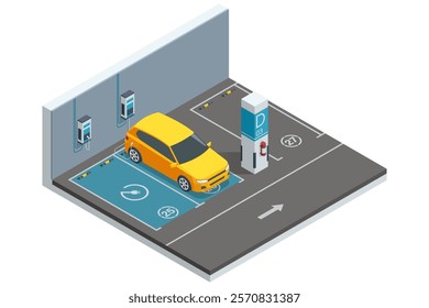 Isometric Electromobile charging station. Design of an electric car in a charging station within a parking facility. Features charging docks and clear road markings.